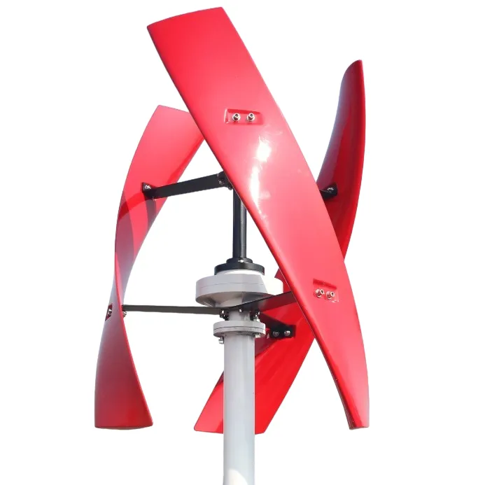 Éolienne verticale à axe vertical rouge en spirale, modèle domestique pour production d’électricité renouvelable