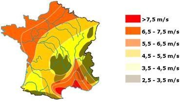 Carte des vents moyens en France avec vitesses en m/s par région, utile pour l’implantation d’éoliennes domestiques