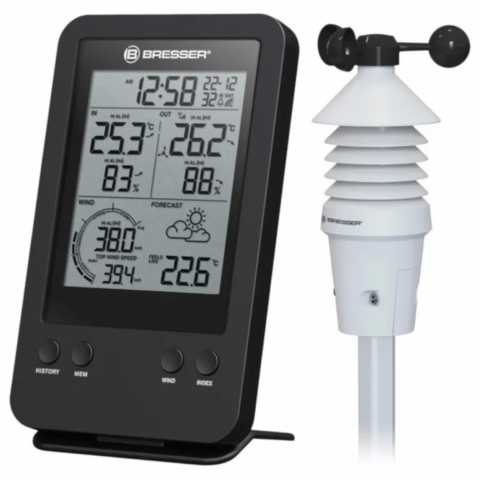 Anémomètre professionnel avec station météo Bresser, mesure du vent, température, humidité et prévisions